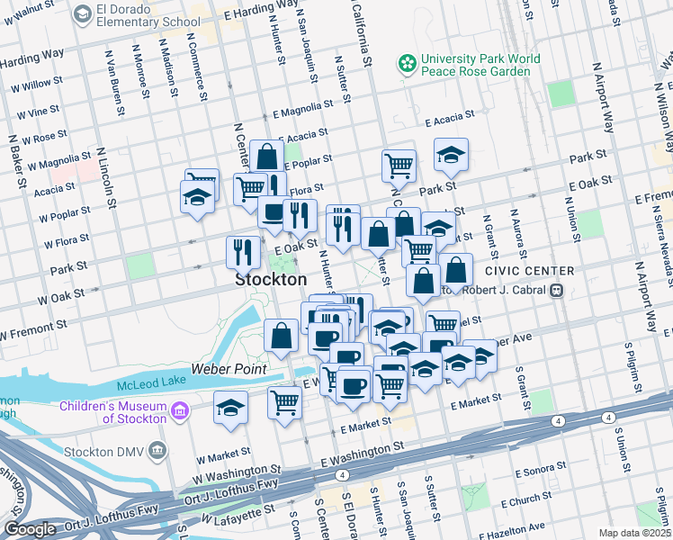 map of restaurants, bars, coffee shops, grocery stores, and more near 441 North Hunter Street in Stockton
