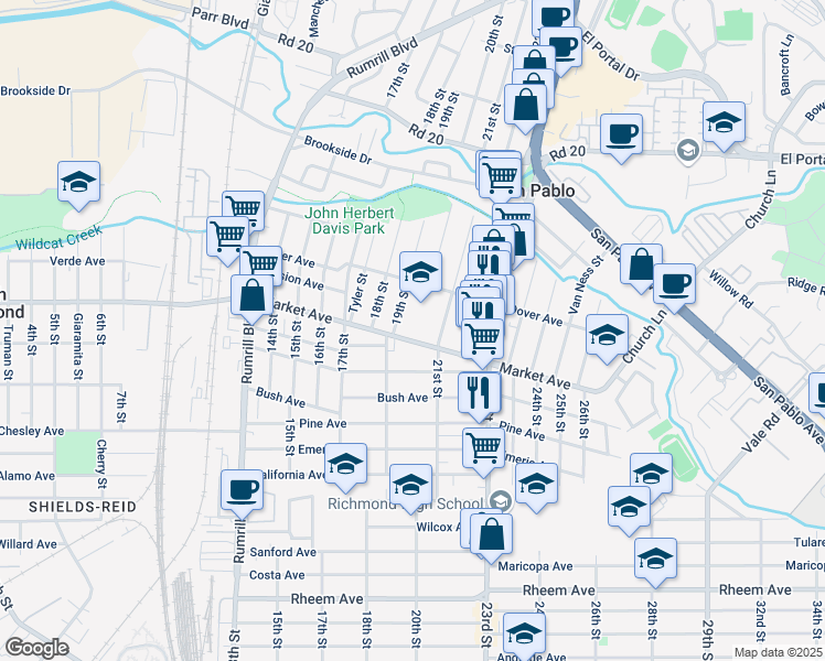 map of restaurants, bars, coffee shops, grocery stores, and more near 2011 Market Avenue in San Pablo