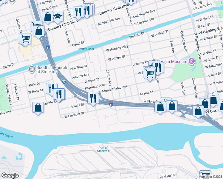 map of restaurants, bars, coffee shops, grocery stores, and more near Monte Diablo Avenue & Carlton Avenue in Stockton