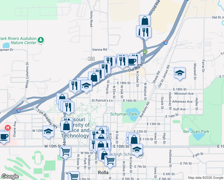 map of restaurants, bars, coffee shops, grocery stores, and more near 100 West 17th Street in Rolla
