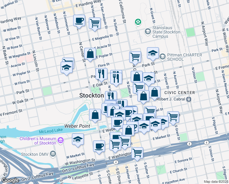map of restaurants, bars, coffee shops, grocery stores, and more near 441 North Hunter Street in Stockton