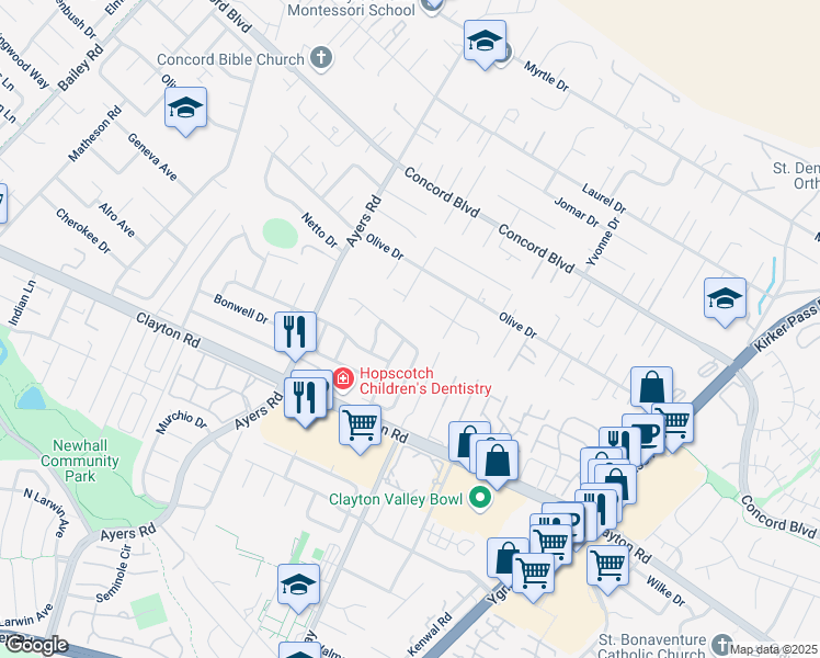 map of restaurants, bars, coffee shops, grocery stores, and more near 1596 American Beauty Drive in Concord