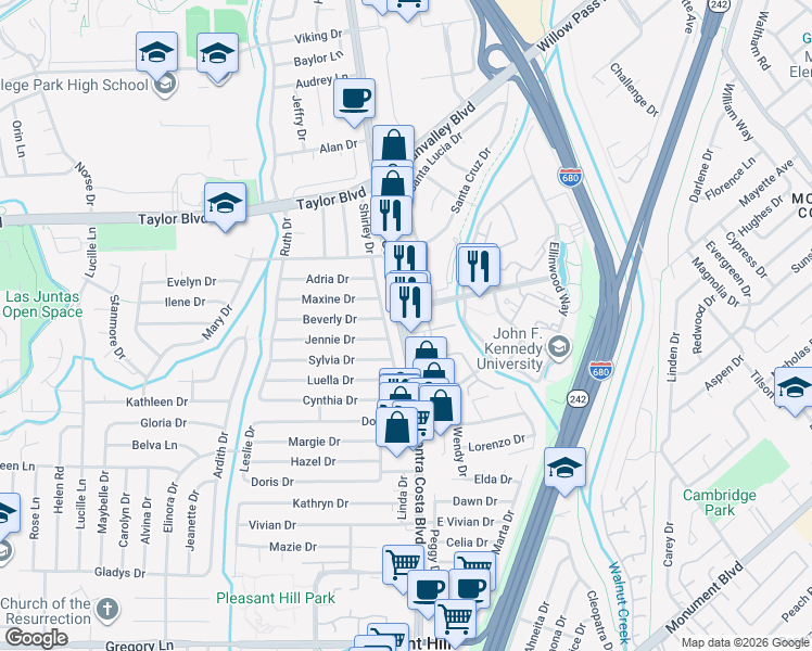 map of restaurants, bars, coffee shops, grocery stores, and more near 1737 Shirley Drive in Pleasant Hill