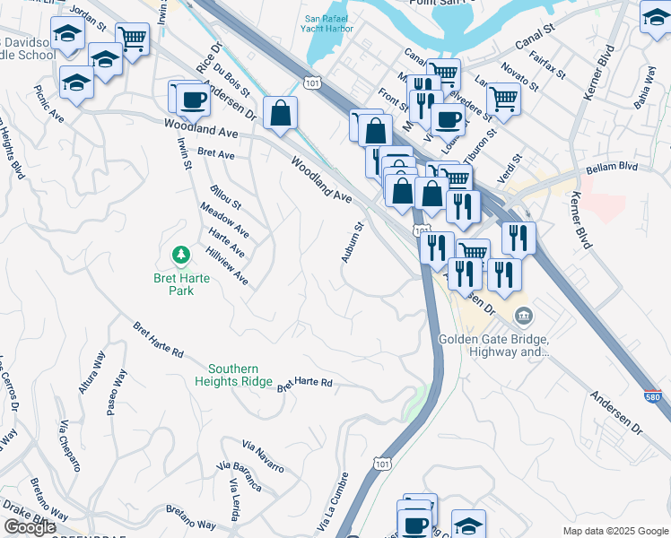 map of restaurants, bars, coffee shops, grocery stores, and more near 134 Auburn Street in San Rafael