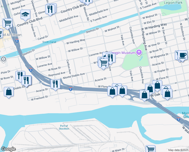 map of restaurants, bars, coffee shops, grocery stores, and more near 1895 Acacia Street in Stockton