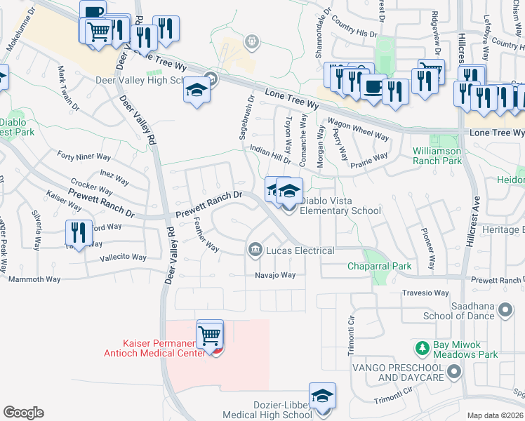 map of restaurants, bars, coffee shops, grocery stores, and more near 4791 Prewett Ranch Drive in Antioch