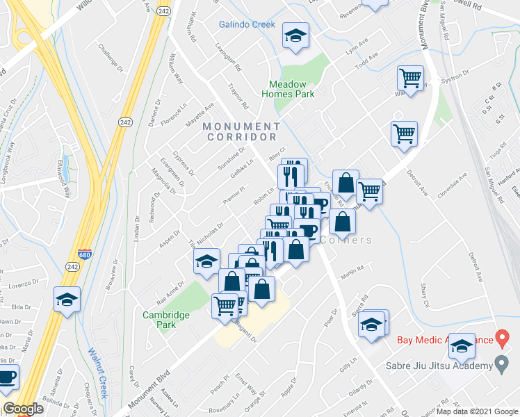 map of restaurants, bars, coffee shops, grocery stores, and more near 1140 Virginia Lane in Concord