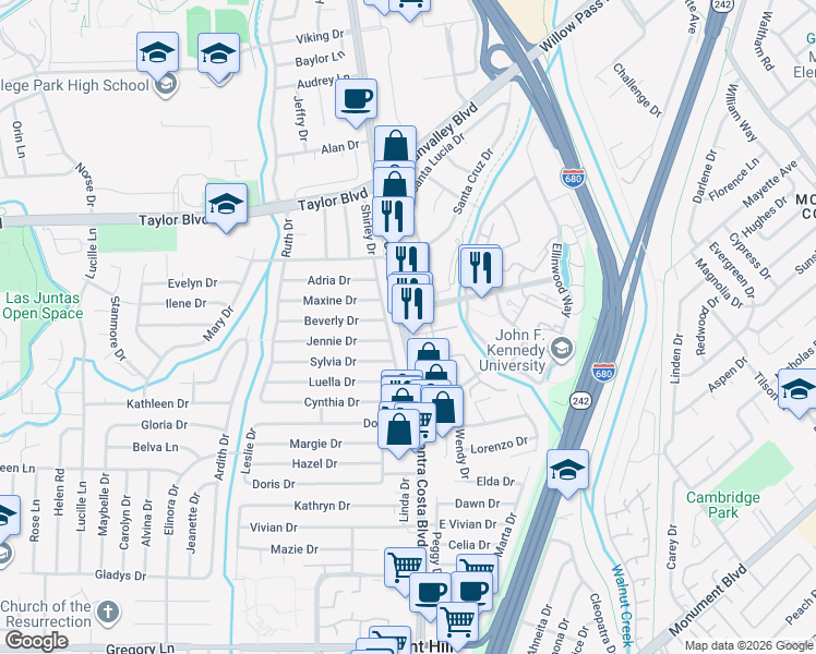 map of restaurants, bars, coffee shops, grocery stores, and more near 1737 Shirley Drive in Pleasant Hill