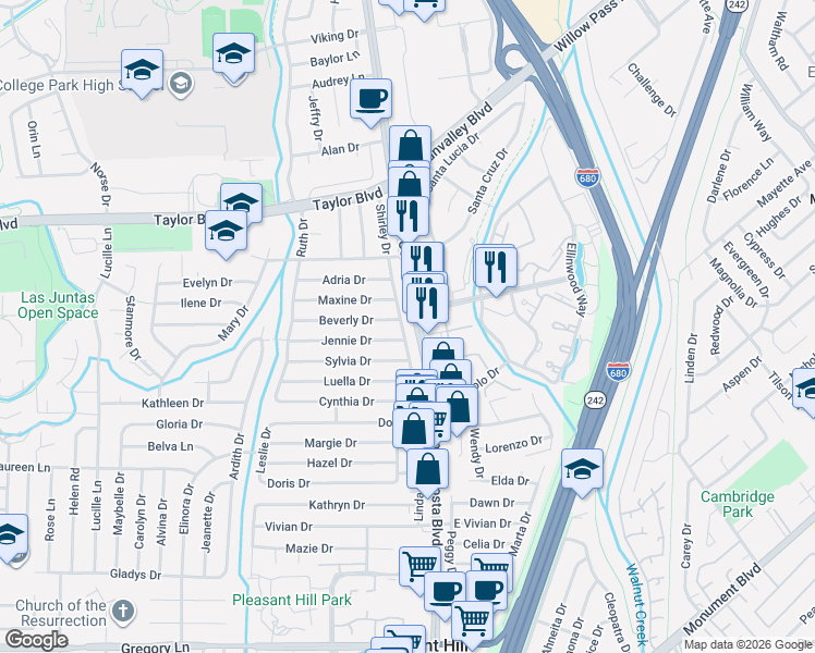map of restaurants, bars, coffee shops, grocery stores, and more near 1737 Shirley Drive in Pleasant Hill