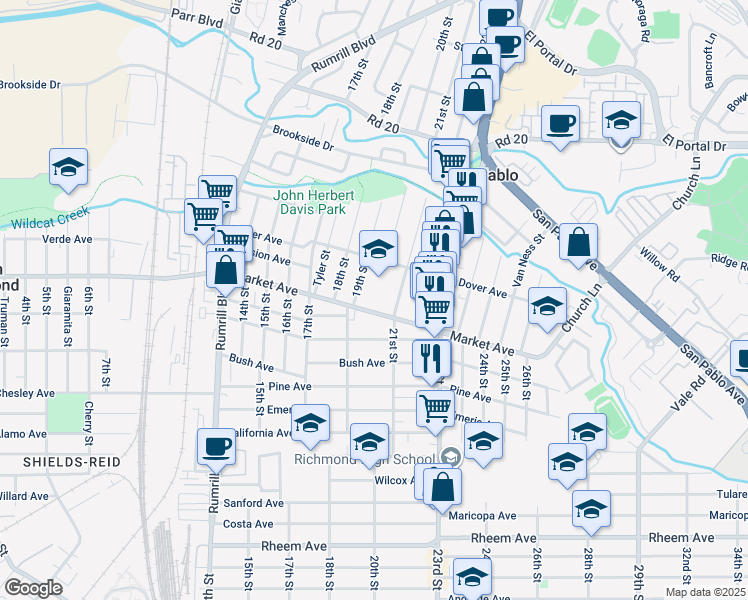 map of restaurants, bars, coffee shops, grocery stores, and more near 1930 Market Avenue in San Pablo