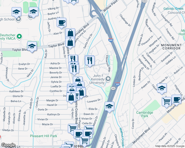 map of restaurants, bars, coffee shops, grocery stores, and more near 400 Longbrook Way in Pleasant Hill