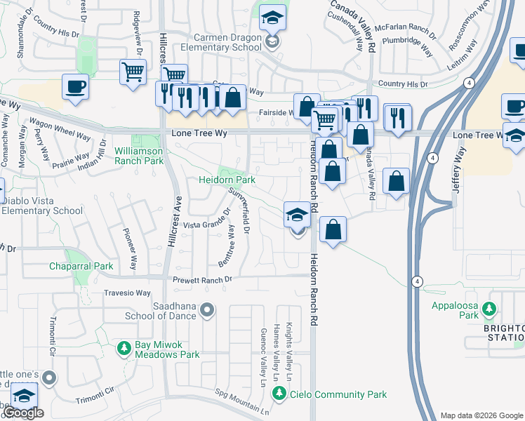 map of restaurants, bars, coffee shops, grocery stores, and more near 5408 Mazant Loop in Antioch
