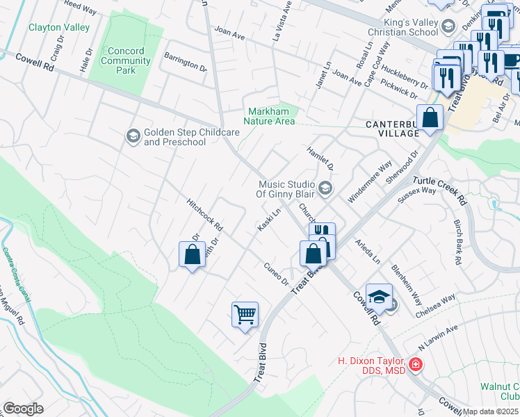 map of restaurants, bars, coffee shops, grocery stores, and more near 1193 Kaski Lane in Concord