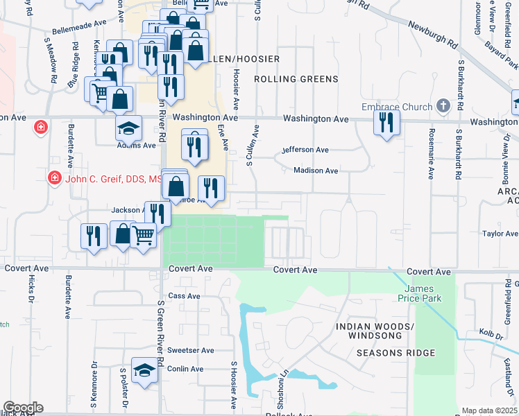 map of restaurants, bars, coffee shops, grocery stores, and more near 5306 Stonehedge Drive in Evansville