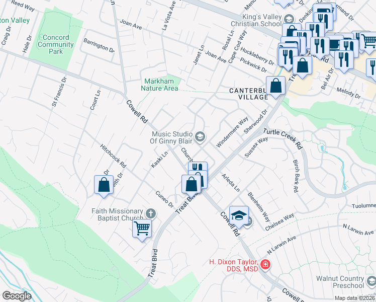 map of restaurants, bars, coffee shops, grocery stores, and more near 4119 Churchill Drive in Concord