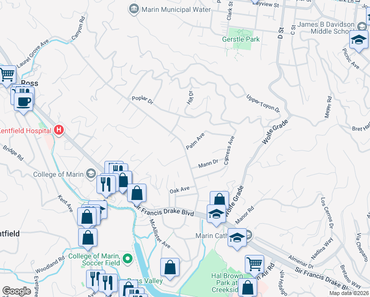 map of restaurants, bars, coffee shops, grocery stores, and more near 301 Palm Avenue in Kentfield