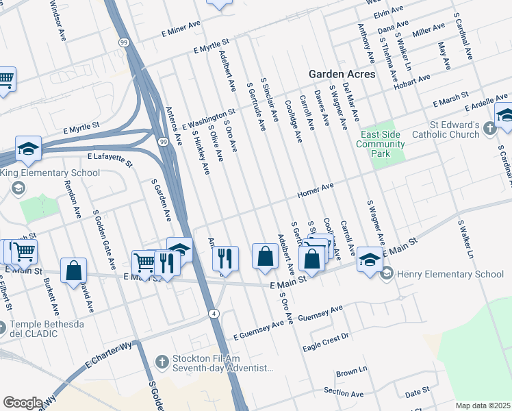 map of restaurants, bars, coffee shops, grocery stores, and more near 4105 Horner Avenue in Stockton