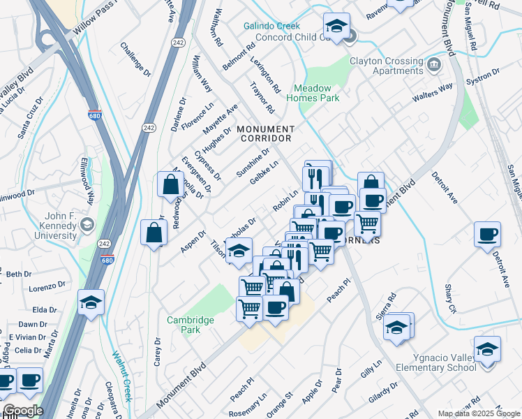 map of restaurants, bars, coffee shops, grocery stores, and more near 1621 Nicholas Drive in Concord