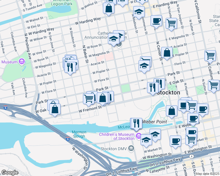 map of restaurants, bars, coffee shops, grocery stores, and more near 602 West Park Street in Stockton
