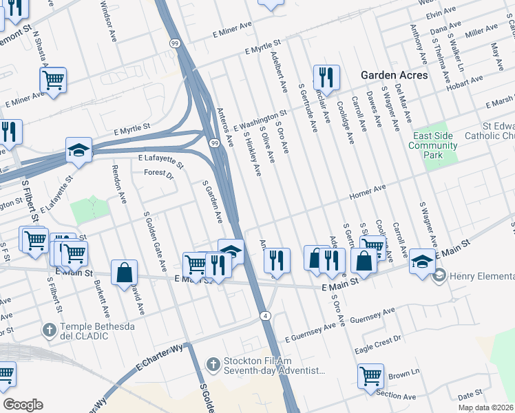 map of restaurants, bars, coffee shops, grocery stores, and more near 622 Anteros Avenue in Stockton