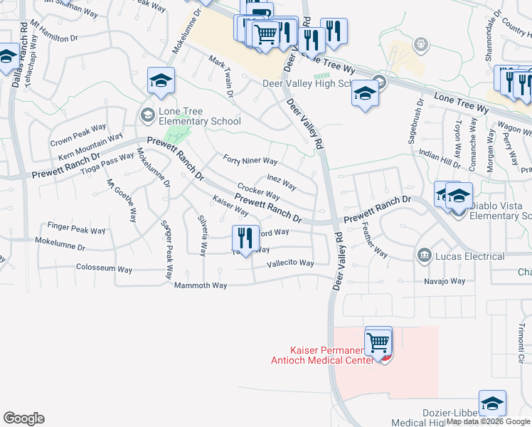 map of restaurants, bars, coffee shops, grocery stores, and more near 2473 Sparrow Court in Antioch