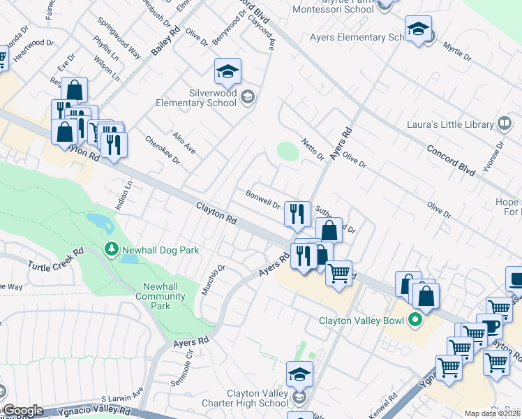 map of restaurants, bars, coffee shops, grocery stores, and more near 5047 Clayton Road in Concord