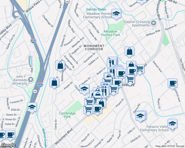 map of restaurants, bars, coffee shops, grocery stores, and more near 1621 Nicholas Drive in Concord