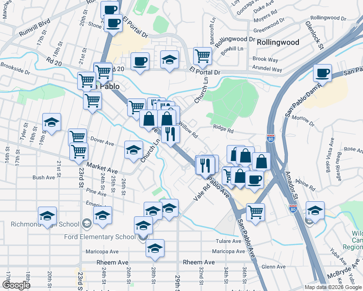 map of restaurants, bars, coffee shops, grocery stores, and more near in San Pablo