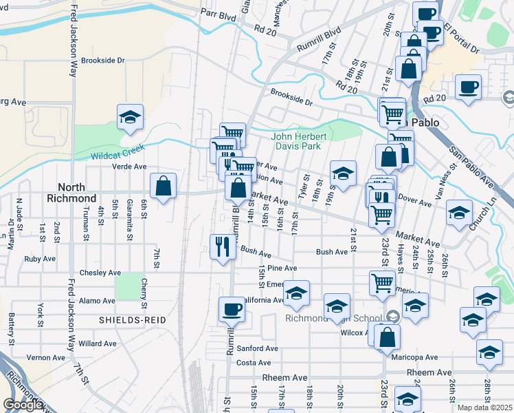 map of restaurants, bars, coffee shops, grocery stores, and more near 1733 15th Street in San Pablo