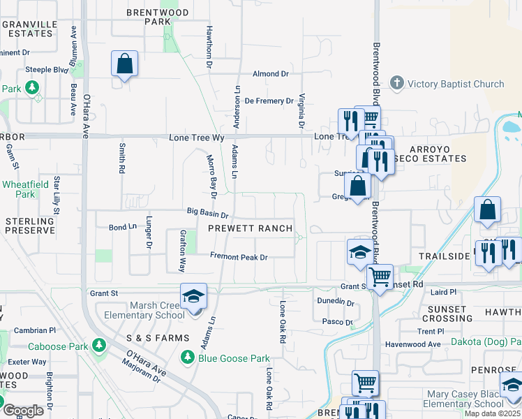 map of restaurants, bars, coffee shops, grocery stores, and more near 540 Big Basin Drive in Brentwood