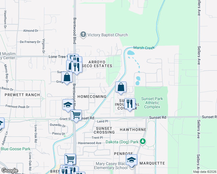 map of restaurants, bars, coffee shops, grocery stores, and more near 329 Hanson Lane in Brentwood