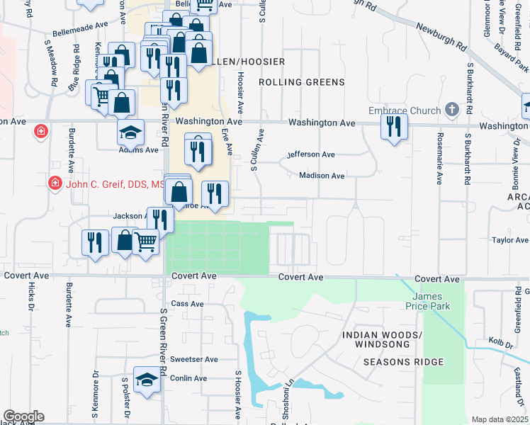 map of restaurants, bars, coffee shops, grocery stores, and more near 5306 Stonehedge Drive in Evansville