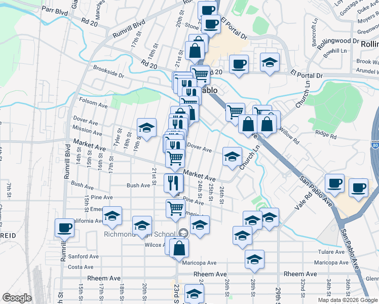 map of restaurants, bars, coffee shops, grocery stores, and more near 1850 Powell Street in San Pablo