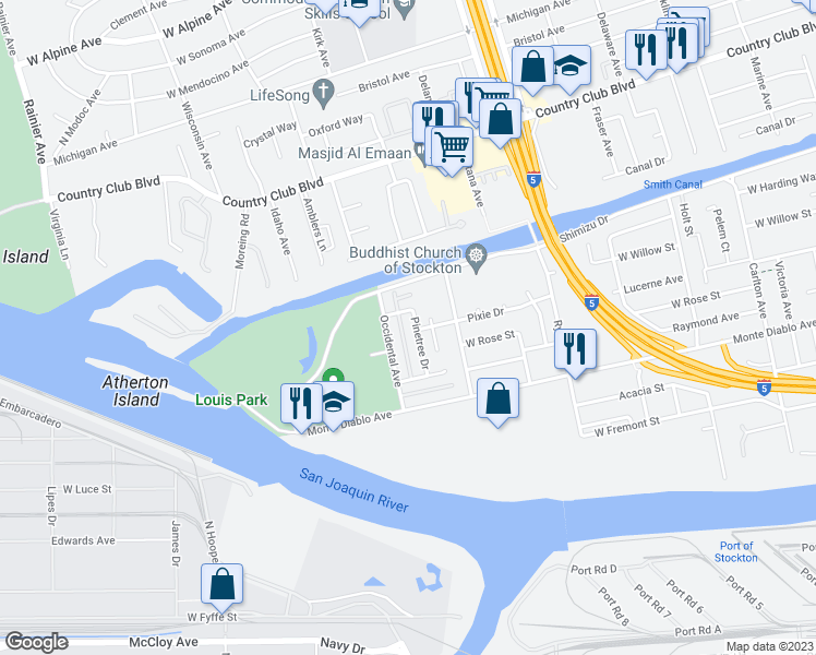 map of restaurants, bars, coffee shops, grocery stores, and more near 1315 N Pinetree Dr in Stockton