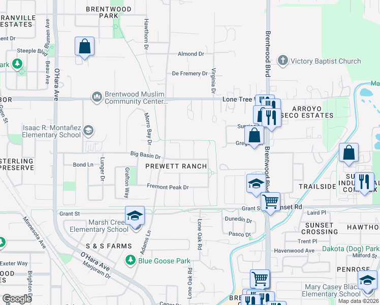 map of restaurants, bars, coffee shops, grocery stores, and more near 2255 Sugarloaf Court in Brentwood