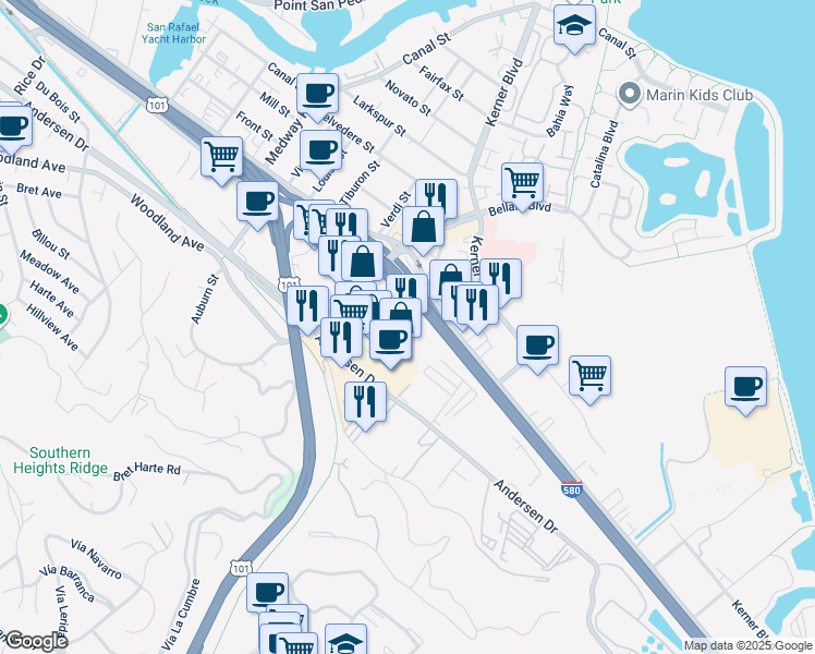 map of restaurants, bars, coffee shops, grocery stores, and more near 40 Golden Gate Drive in San Rafael