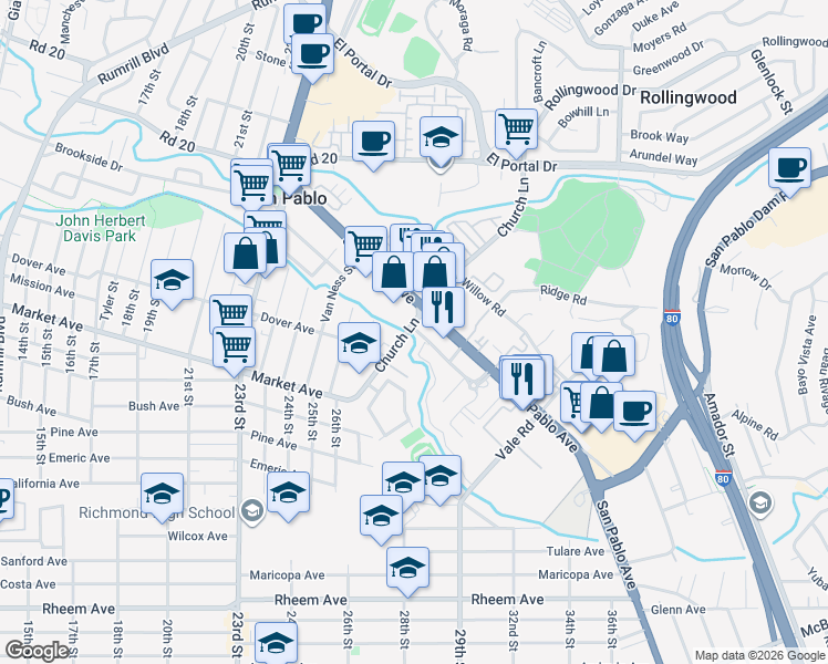 map of restaurants, bars, coffee shops, grocery stores, and more near 2818 Chattleton Lane in San Pablo