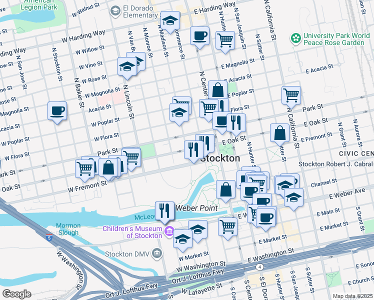 map of restaurants, bars, coffee shops, grocery stores, and more near W Oak St & N Madison St in Stockton