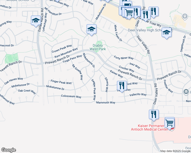 map of restaurants, bars, coffee shops, grocery stores, and more near 2064 Mokelumne Drive in Antioch