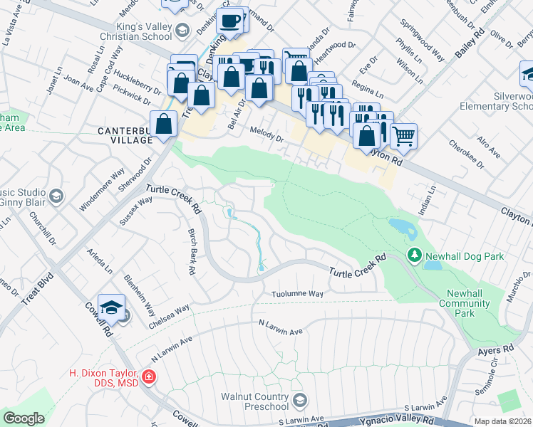 map of restaurants, bars, coffee shops, grocery stores, and more near 1308 Saddlehill Lane in Concord