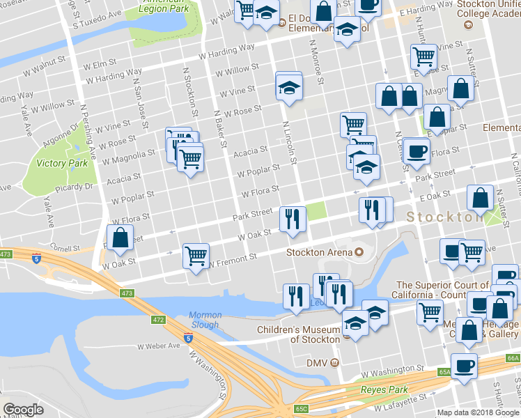 map of restaurants, bars, coffee shops, grocery stores, and more near 628 North Edison Street in Stockton
