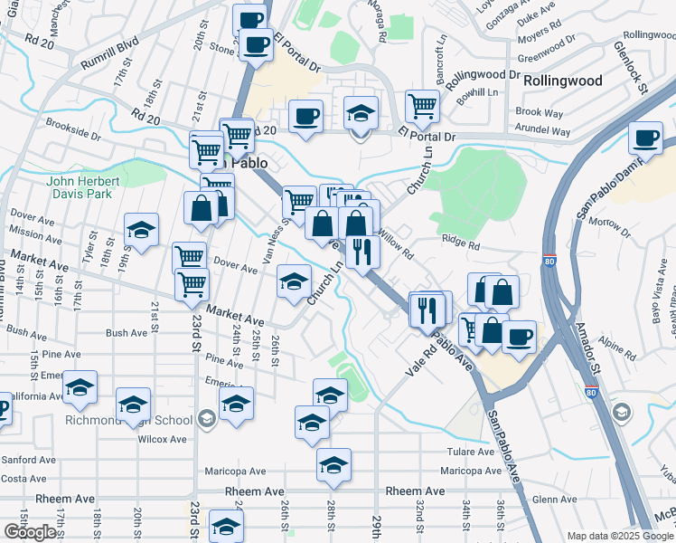 map of restaurants, bars, coffee shops, grocery stores, and more near 2814 Chattleton Lane in San Pablo