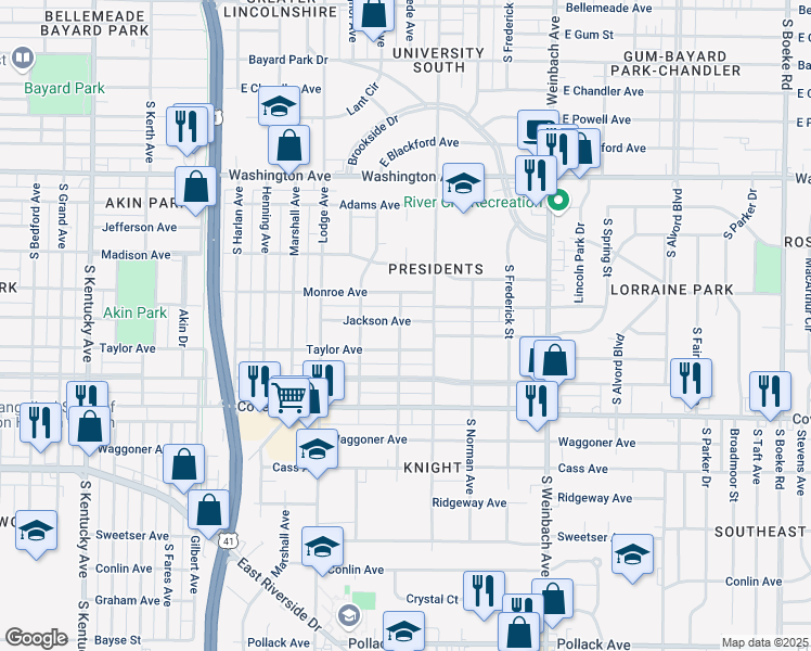 map of restaurants, bars, coffee shops, grocery stores, and more near 1600 Taylor Avenue in Evansville