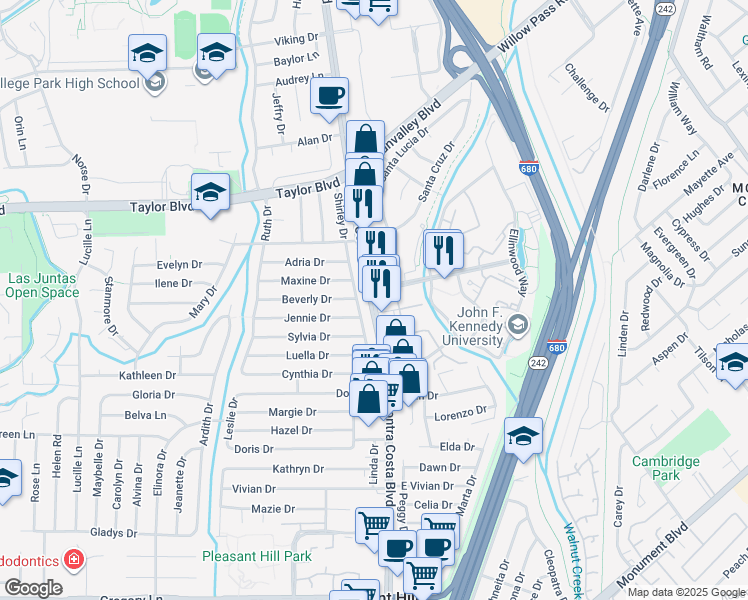 map of restaurants, bars, coffee shops, grocery stores, and more near 1737 Shirley Drive in Pleasant Hill