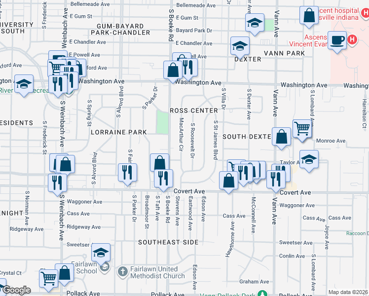 map of restaurants, bars, coffee shops, grocery stores, and more near 1408 Macarthur Drive in Evansville
