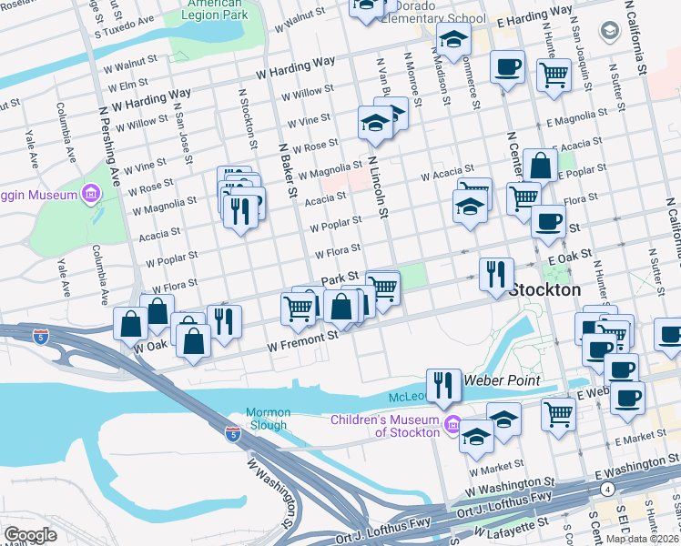 map of restaurants, bars, coffee shops, grocery stores, and more near 628 North Edison Street in Stockton