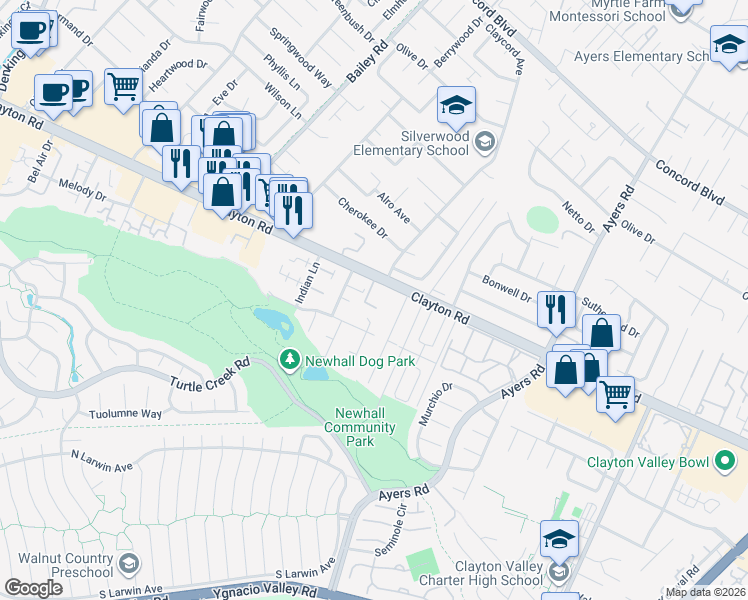 map of restaurants, bars, coffee shops, grocery stores, and more near 4867 Boxer Boulevard in Concord