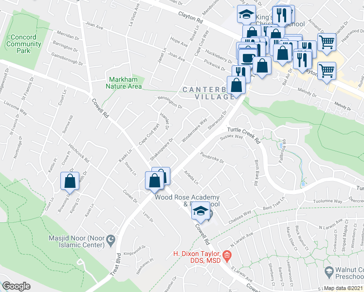 map of restaurants, bars, coffee shops, grocery stores, and more near 4248 Gladstone Drive in Concord