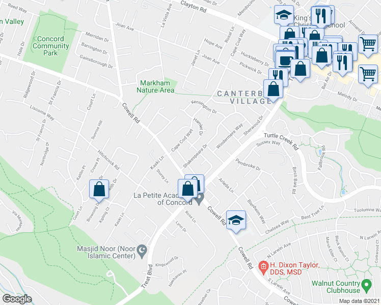 map of restaurants, bars, coffee shops, grocery stores, and more near 1211 Shakespeare Drive in Concord