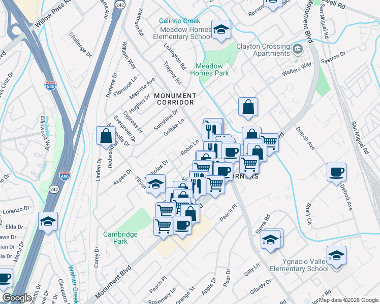 map of restaurants, bars, coffee shops, grocery stores, and more near 1140 Virginia Lane in Concord
